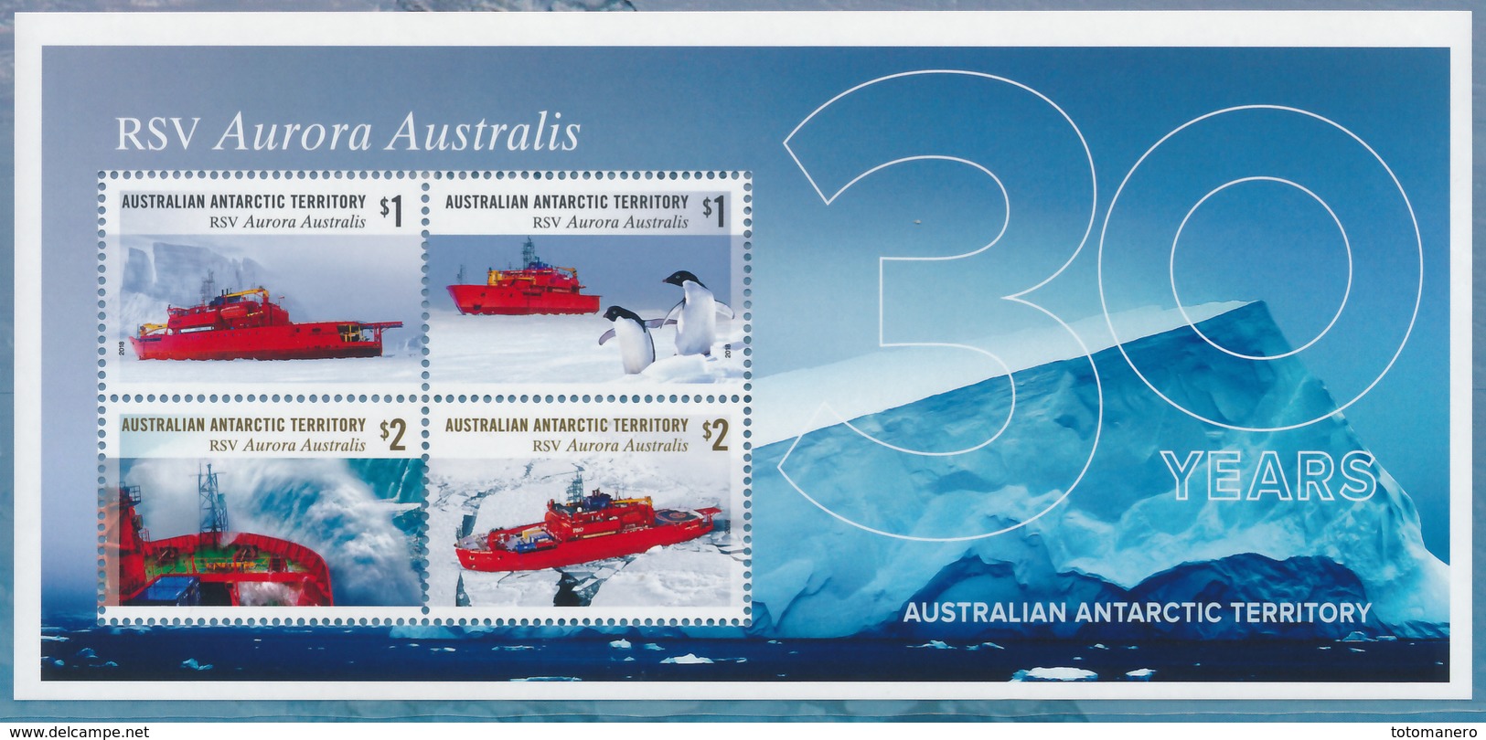 A.A.T. AUSTRALIAN ANTARCTIC TERRITORY 2018, 30 YEARS RSV AURORA AUSTRALIS COLLECTION, Exclusive & Limited Minisheets** - Nuovi