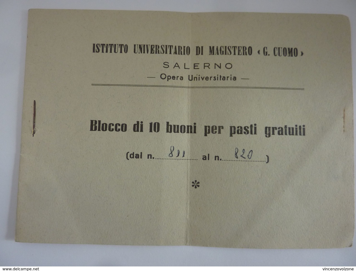 Libretto "ISTITUTO UNIVERSITARIO DI MAGISTERO G. CUOMO SALERNO - BLOCCO BUONI" Anni '60 Solo Tagliandi - Pubblicitari