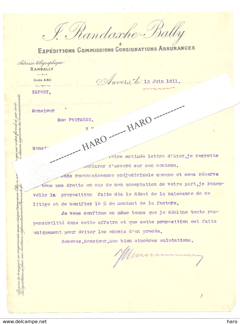 Lettre à Entête - RANDAXHE - BALLY, Expéditions, Consignations, Assurances,... ANTWERPEN / ANVERS 1911 - 1900 – 1949