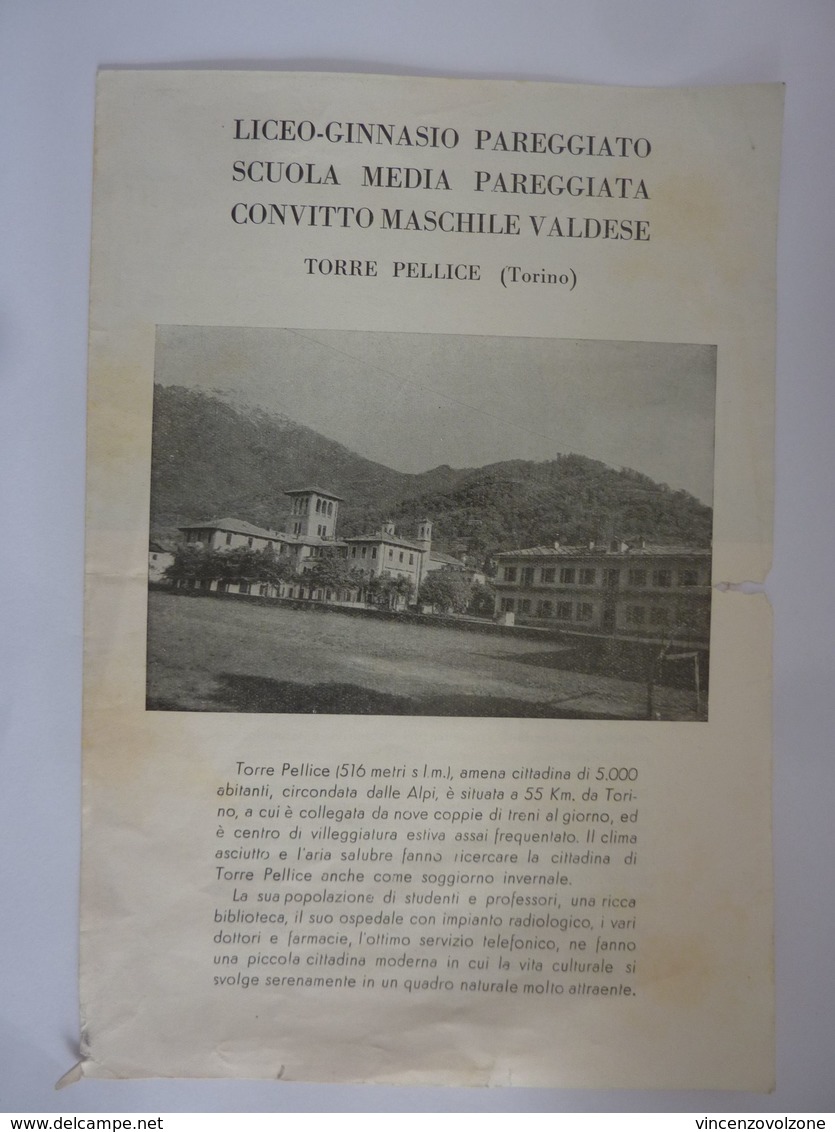 Pieghevole  Illustrato "LICEO GINNASIO PAREGGIATO CONVITTO MASCHILE VALDESE TORRE PELLICE ( Torino )" Anni '50 - Pubblicitari