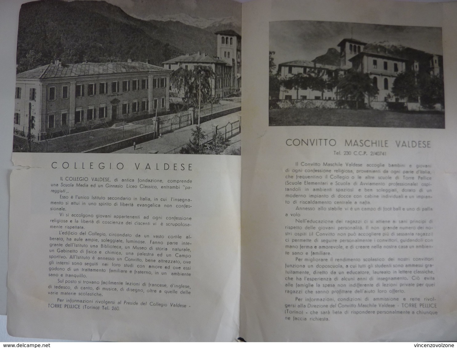 Pieghevole  Illustrato "LICEO GINNASIO PAREGGIATO CONVITTO MASCHILE VALDESE TORRE PELLICE ( Torino )" Anni '50 - Pubblicitari