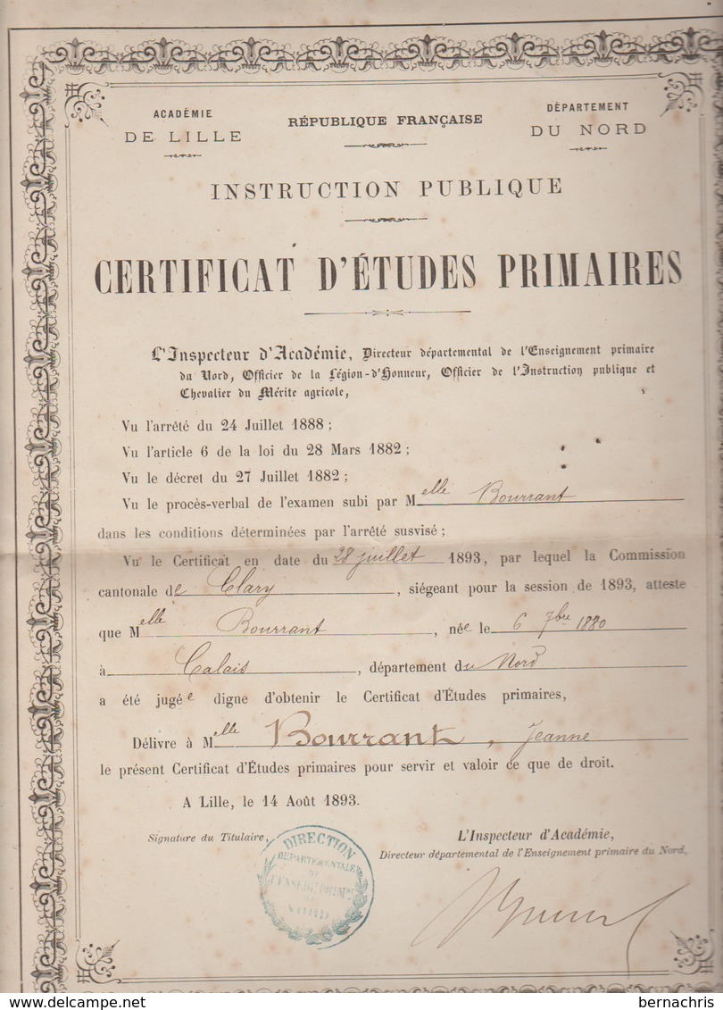 Certificat D'études Primaires Daté De 1893 - Diplômes & Bulletins Scolaires