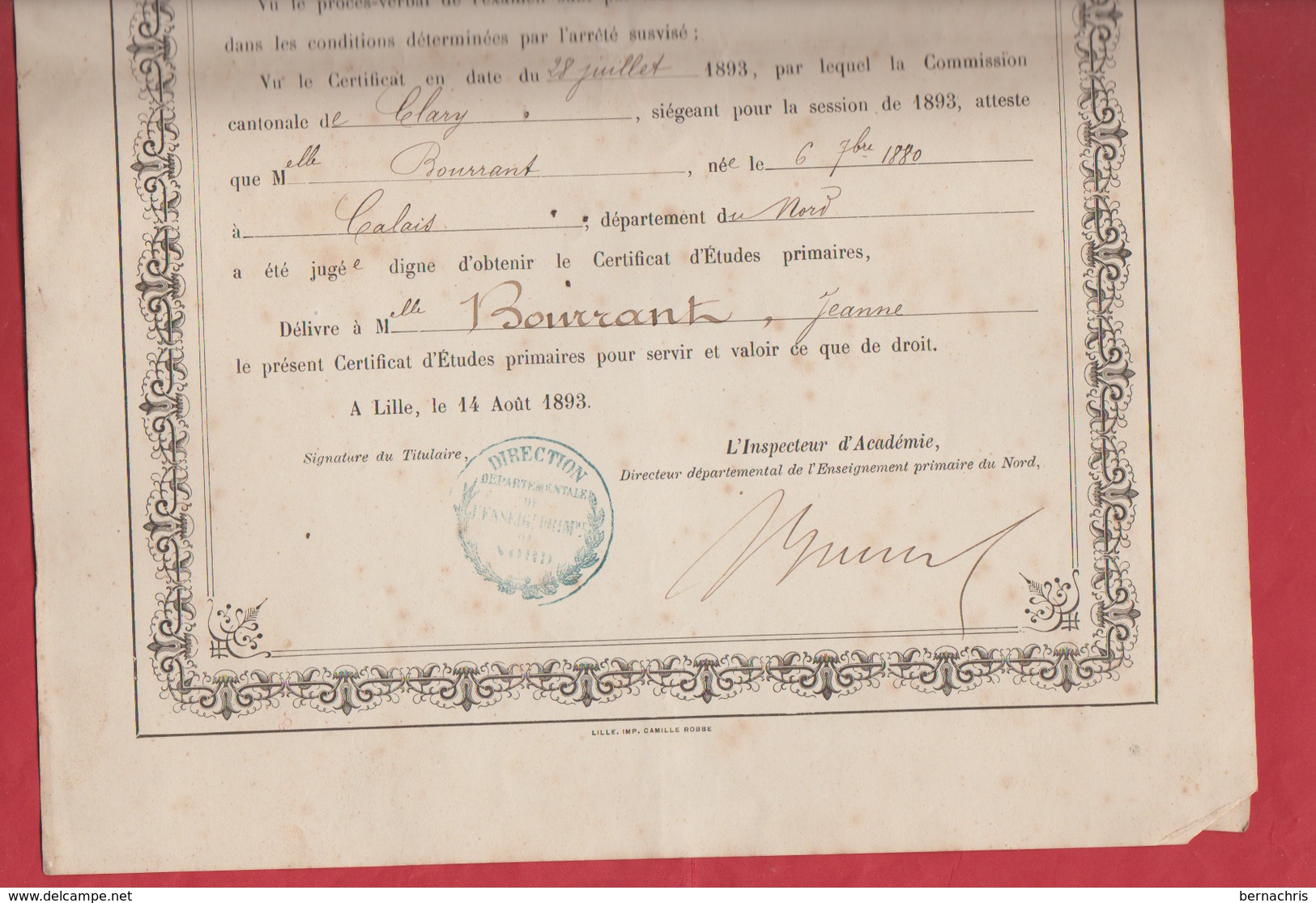 Certificat D'études Primaires Daté De 1893 - Diploma & School Reports