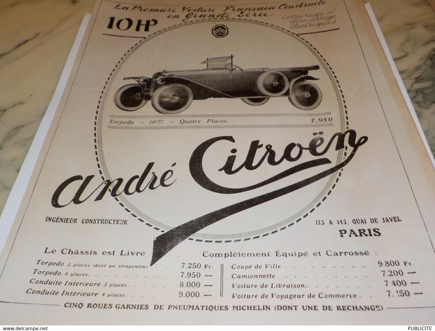 ANCIENNE PUBLICITE VOITURE 10 HP DE ANDRE CITROEN 1919 - Voitures