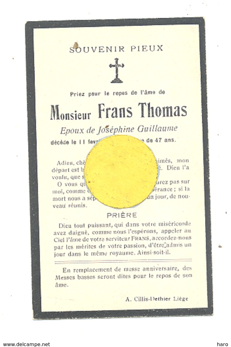 Faire-part De Décès De Mr. Frans THOMAS ép. De J. Guillaume - LIEGE 1924 (b243) - Décès