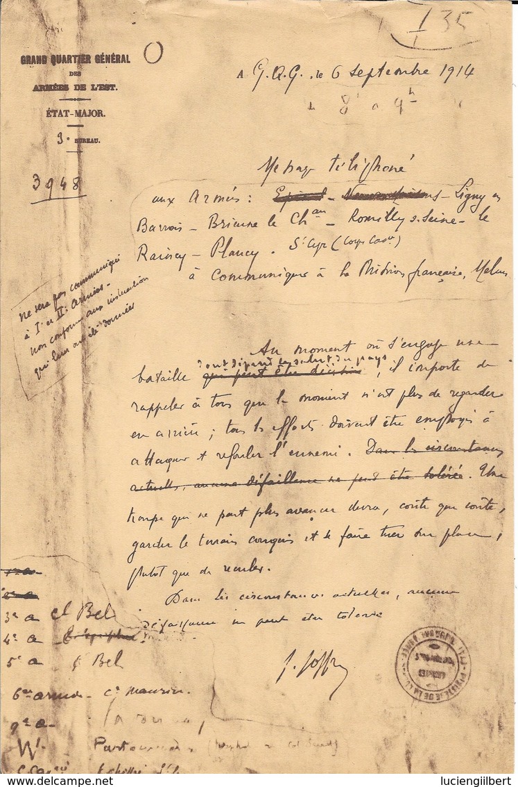 MANUSCRIT 6 SEPTEMBRE  1914 -  GRAND QUARTIER GENERAL DES ARMEES DE L'EST ETAT MAJOR 9E BUREAU -  SIGNE JOFFRE - WW I