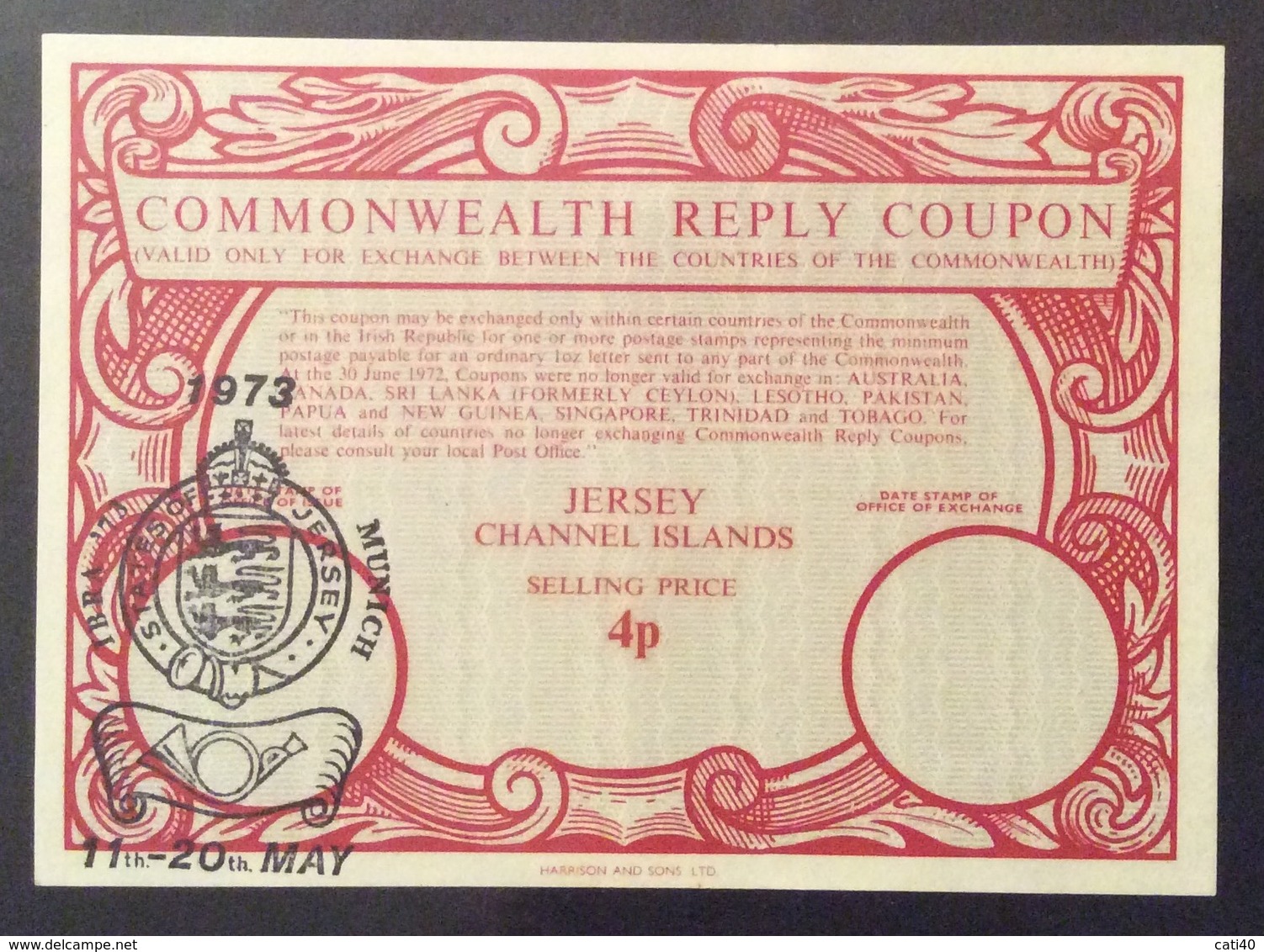 COMMONWEALTH  REPLY COUPON JERSEY CHANNEL ISLAND  SELLING PRICE 4p - Posta