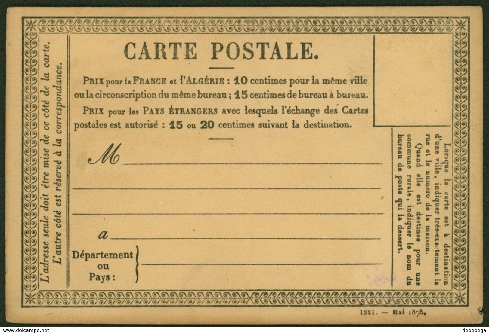 Cartes Postale (Mai 1878 Précurseurs_Nr. 1221) '10 Centimes Pour La France Et 15 Centimes Pour L'étranger.'. - Cartes Précurseurs