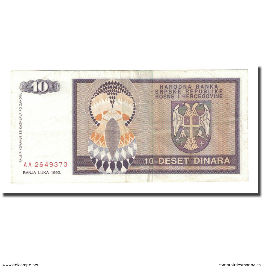 Billet, Bosnia - Herzegovina, 10 Dinara, 1992, KM:133a, TTB - Bosnie-Herzegovine