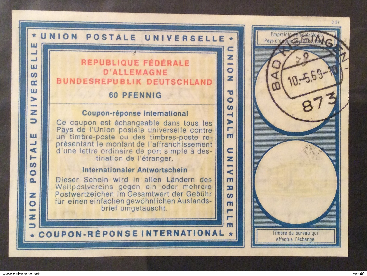 COUPON REPONSE INTERNATIONALE GERMANIA REPUBBLICA FEDERALE  60 PFENNING  BAD KISSINGEN - Posta