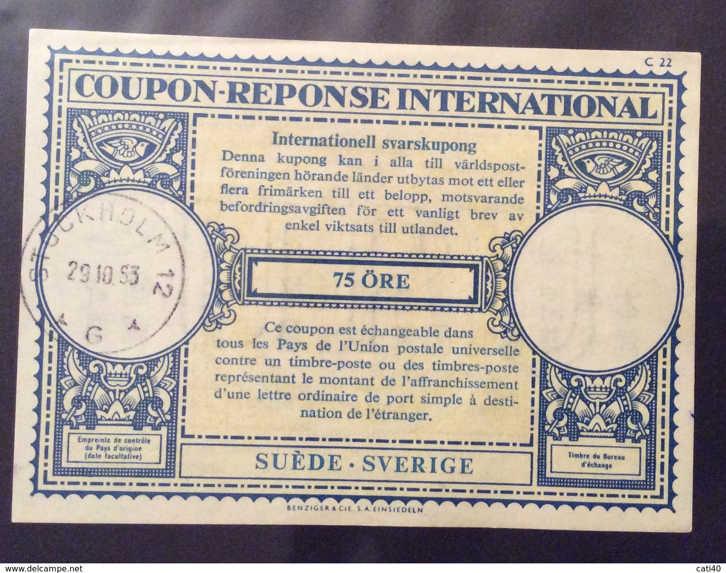 COUPON REPONSE INTERNATIONALE SVEZIA SVERIGE 75 ORE - Posta