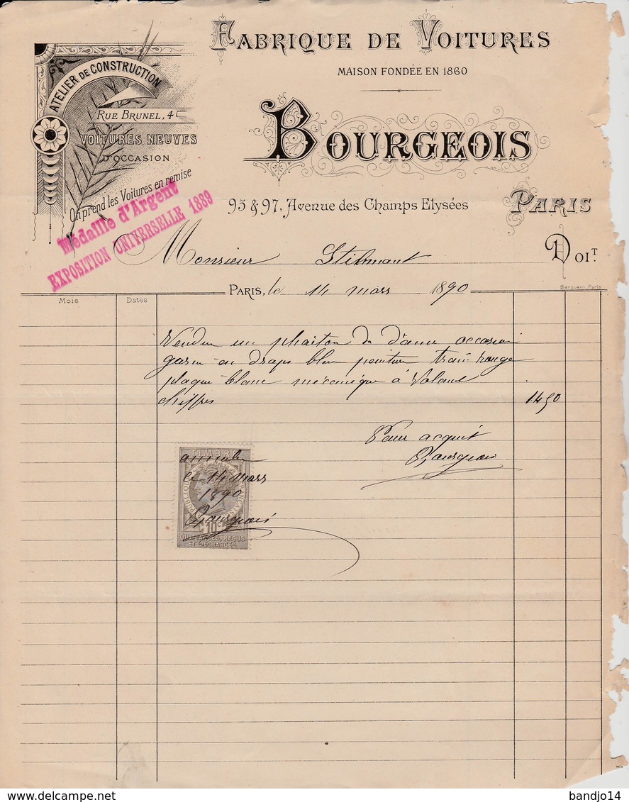 PARIS  08 -   " BOURGEOIS " Fabrique De Voitures  9 Avenue Des Champs Elysée - 1800 – 1899