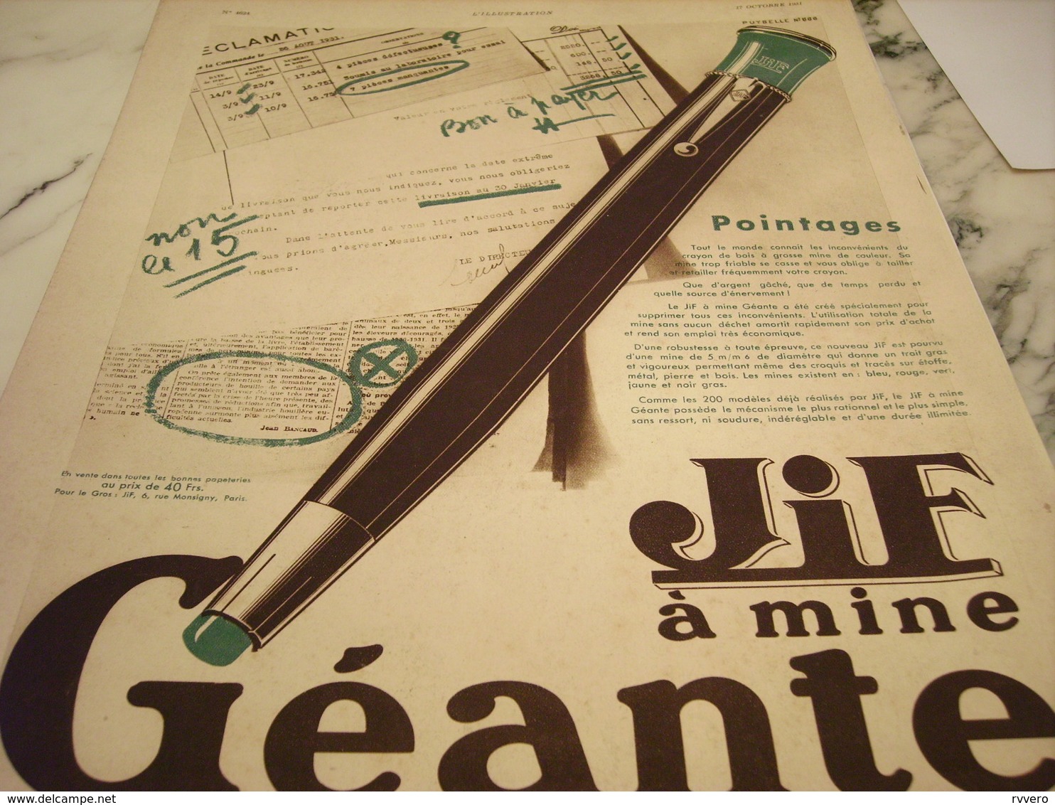 ANCIENNE PUBLICITE STYLO MINE GEANTE JIF 1931 - Autres & Non Classés