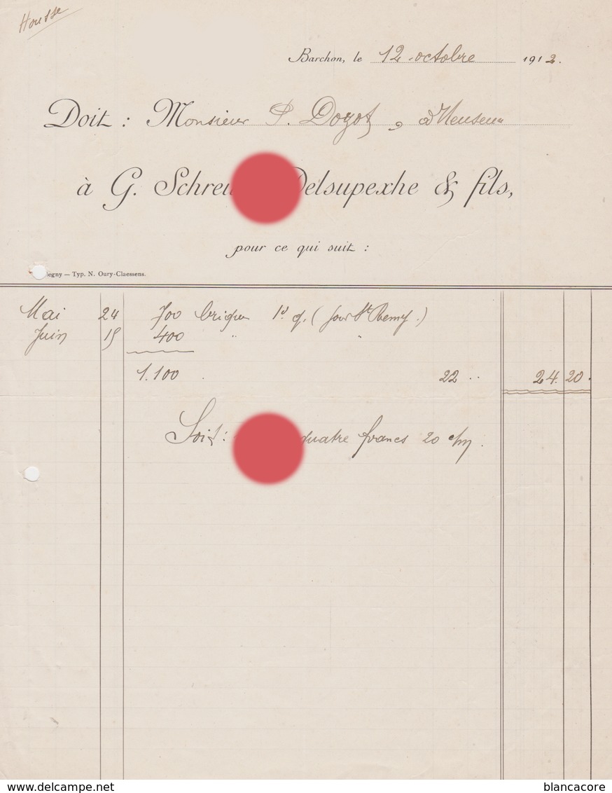 BARCHON 1912 SCHREURS DELSUPEXHE Vente De Briques Vers Dozot à Cerexhe Heuseux - Petits Métiers