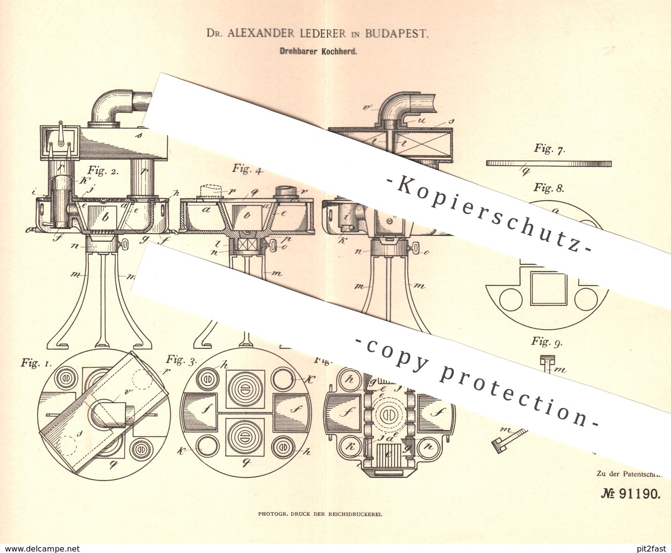 Original Patent - Dr. Alexander Lederer , Budapest , 1896 , Drehbarer Kochherd | Kocher , Herd , Backofen , Ofen , Öfen - Historische Dokumente