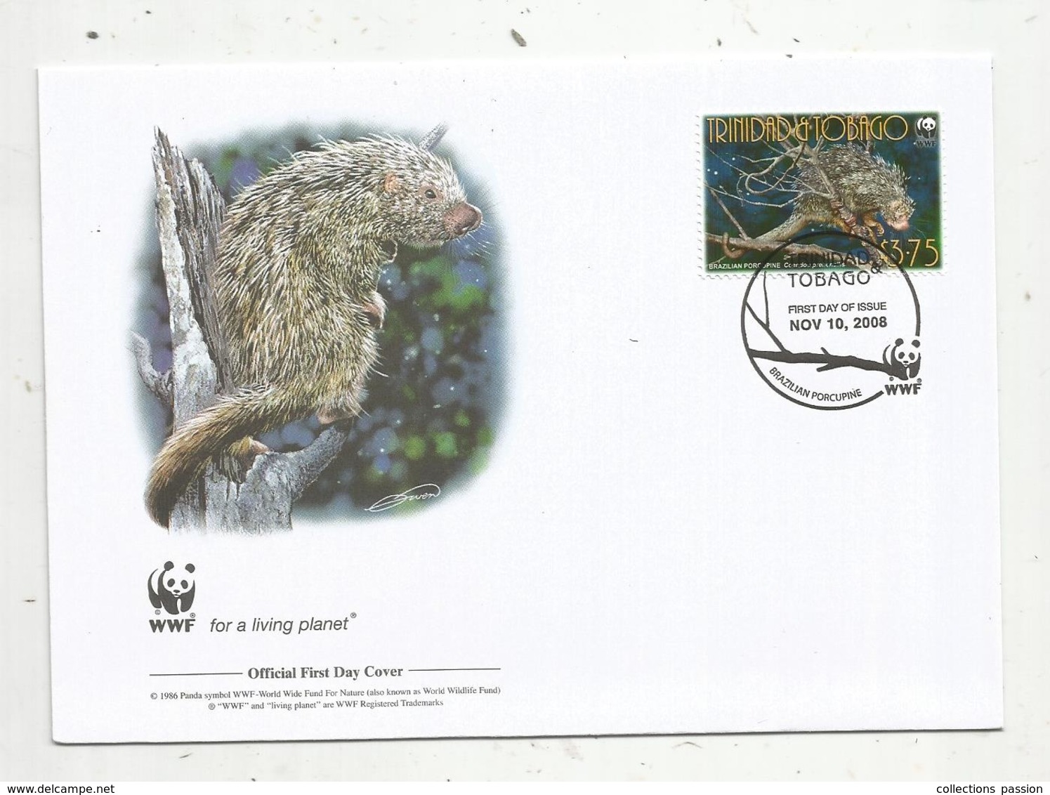 Premier Jour D'émission ,FDC , WWF ,TOBAGO , Brazilian Porcupine ,10 Nov. 2008 , - Trinité & Tobago (1962-...)