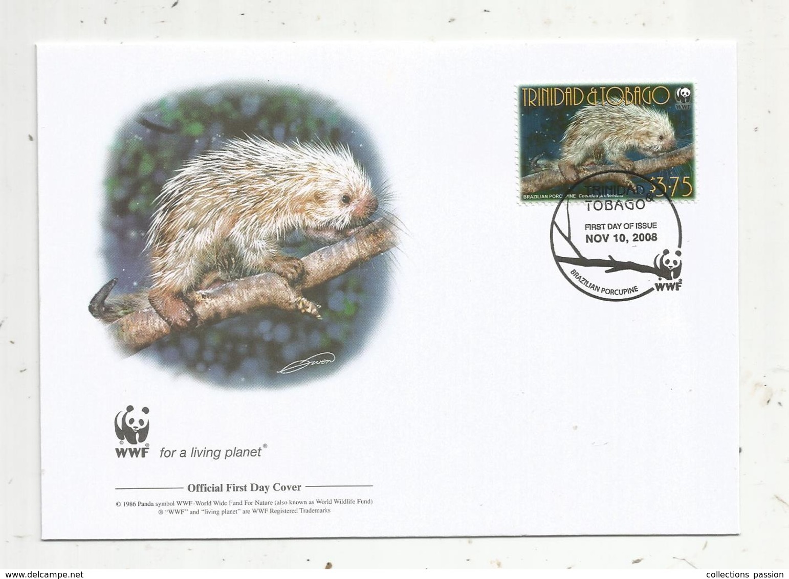 Premier Jour D'émission ,FDC , WWF ,TOBAGO , Brazilian Porcupine ,10 Nov. 2008 , - Trinidad & Tobago (1962-...)