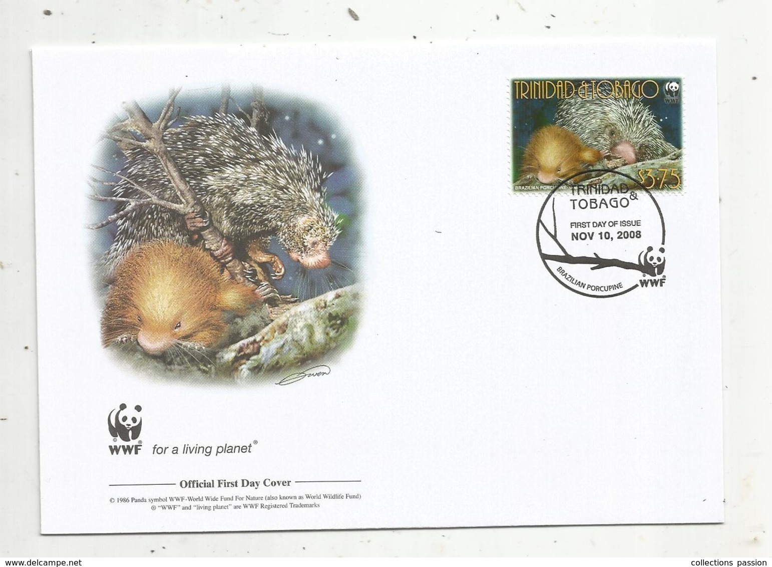 Premier Jour D'émission ,FDC , WWF ,TOBAGO , Brazilian Porcupine ,10 Nov. 2008 , - Trindad & Tobago (1962-...)