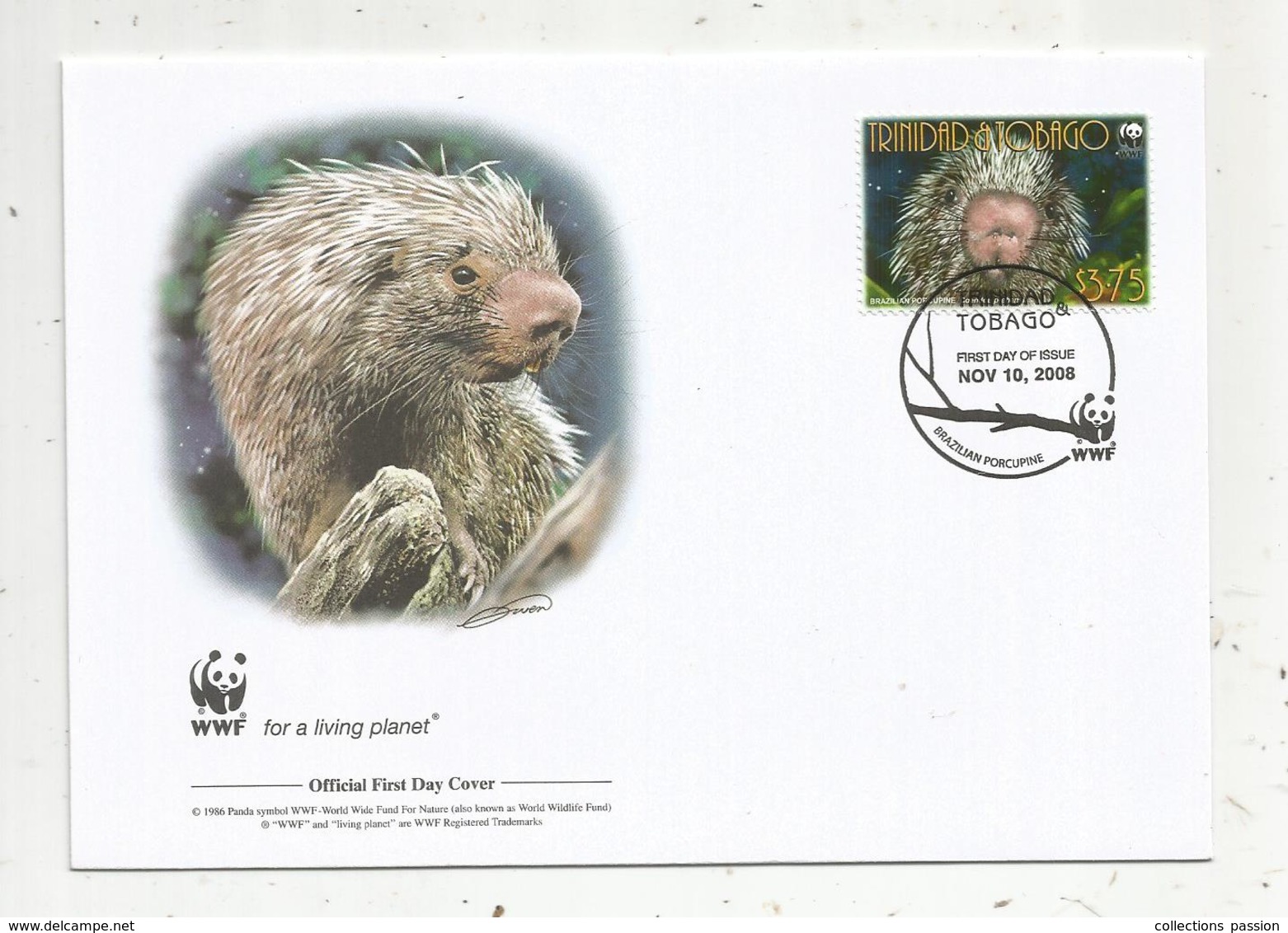 Premier Jour D'émission ,FDC , WWF ,TOBAGO , Brazilian Porcupine ,10 Nov. 2008 , - Trinité & Tobago (1962-...)