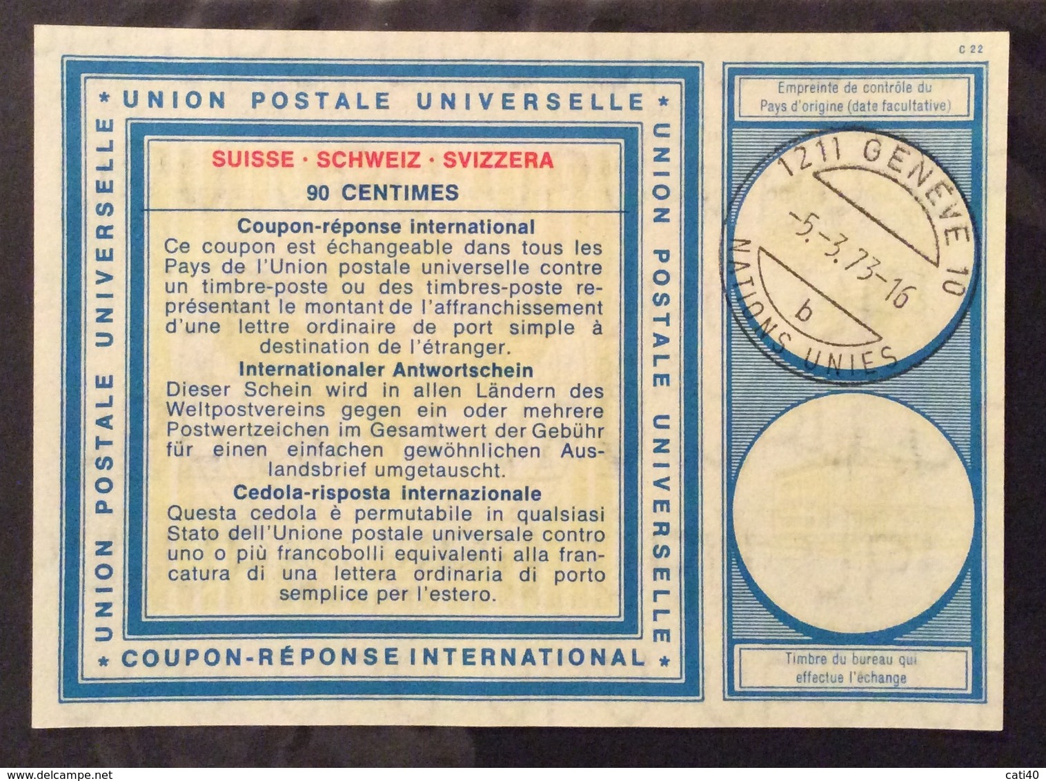 COUPON REPONSE INTERNATIONALE   SVIZZERA SUISSE  NAZIONI UNITE GINEVRA 90 CENTIMES - Post