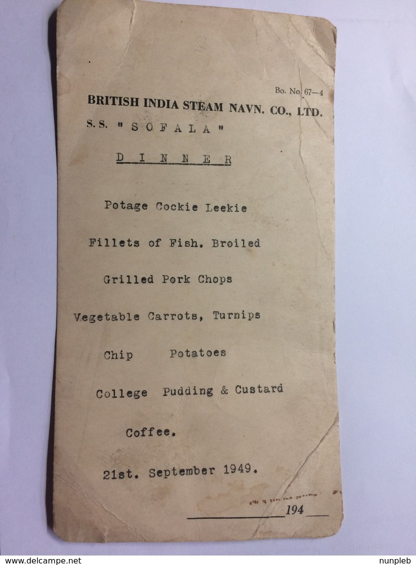 MENU - British India Steam Navigation Co. Ltd. - SOFALA - 1949 - Menus