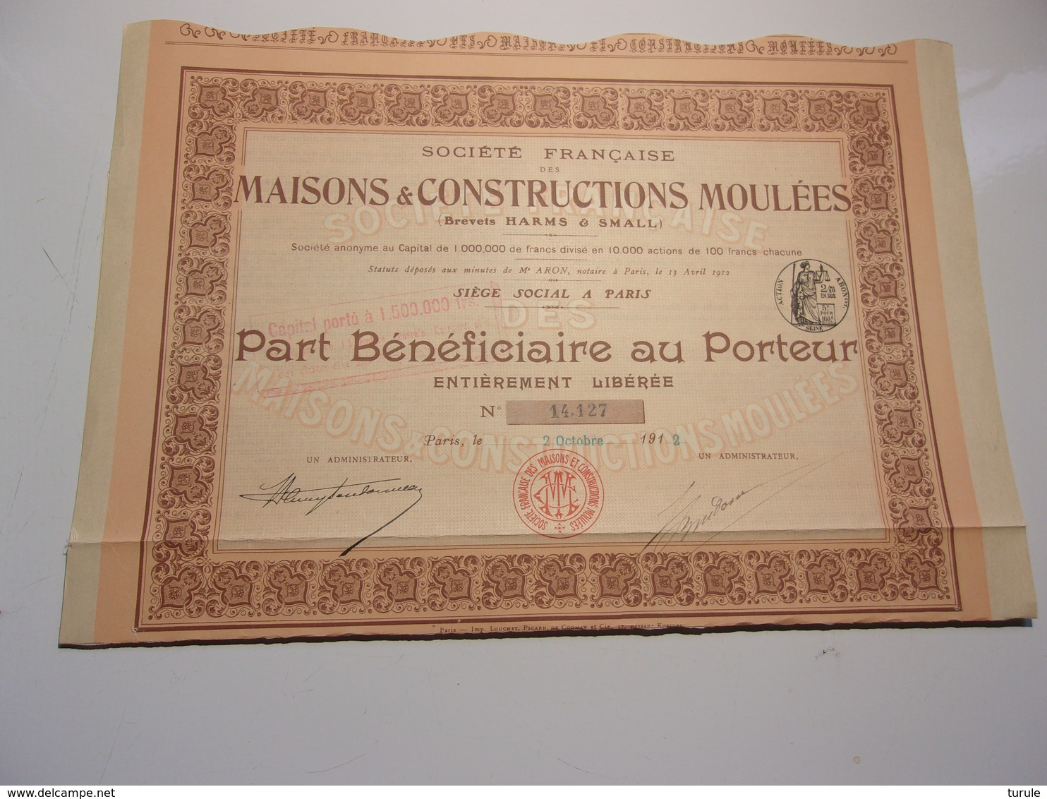 MAISONS & CONSTRUCTIONS MOULEES  (bénéficiaire) 1912 - Autres & Non Classés