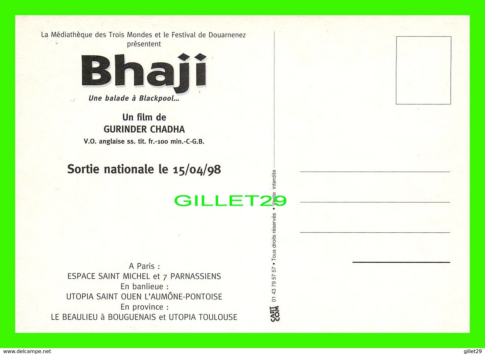 AFFICHE DE FILM - BHAJI UN FILM DE GURINDER CHADHA EN 1998 - - Affiches Sur Carte
