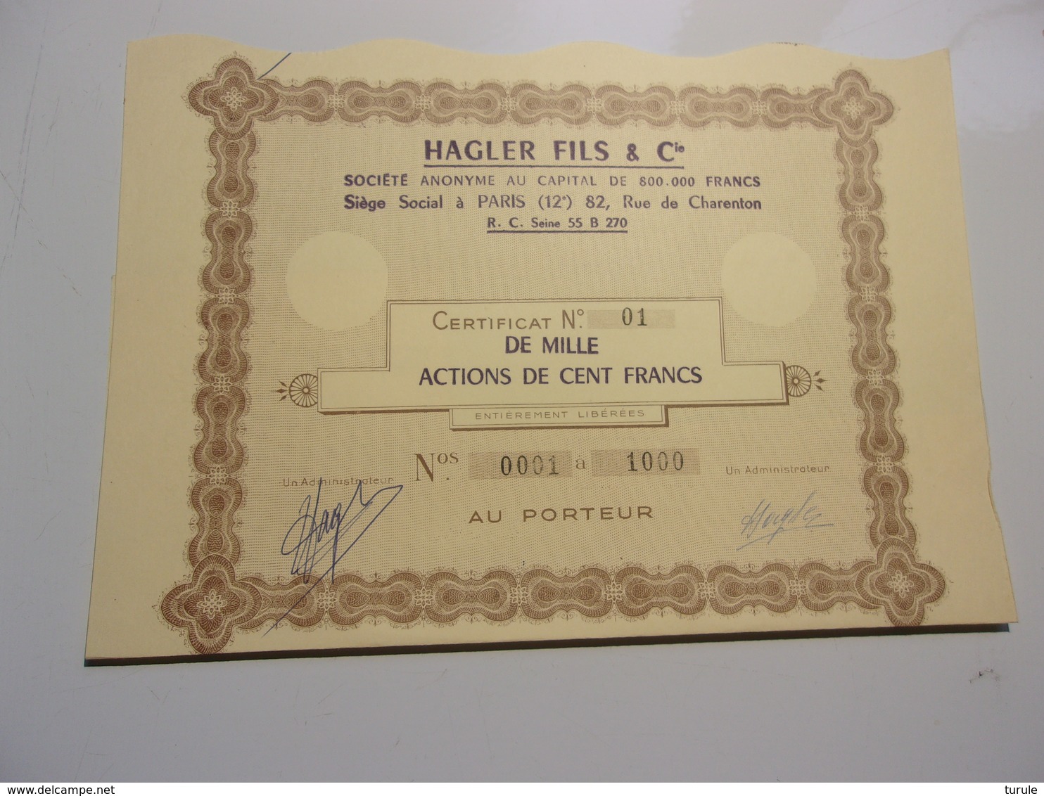 HAGLER FILS & Cie (certificat De 1000 Actions De 100 Francs) Numeros  0001 A 1000 - Autres & Non Classés