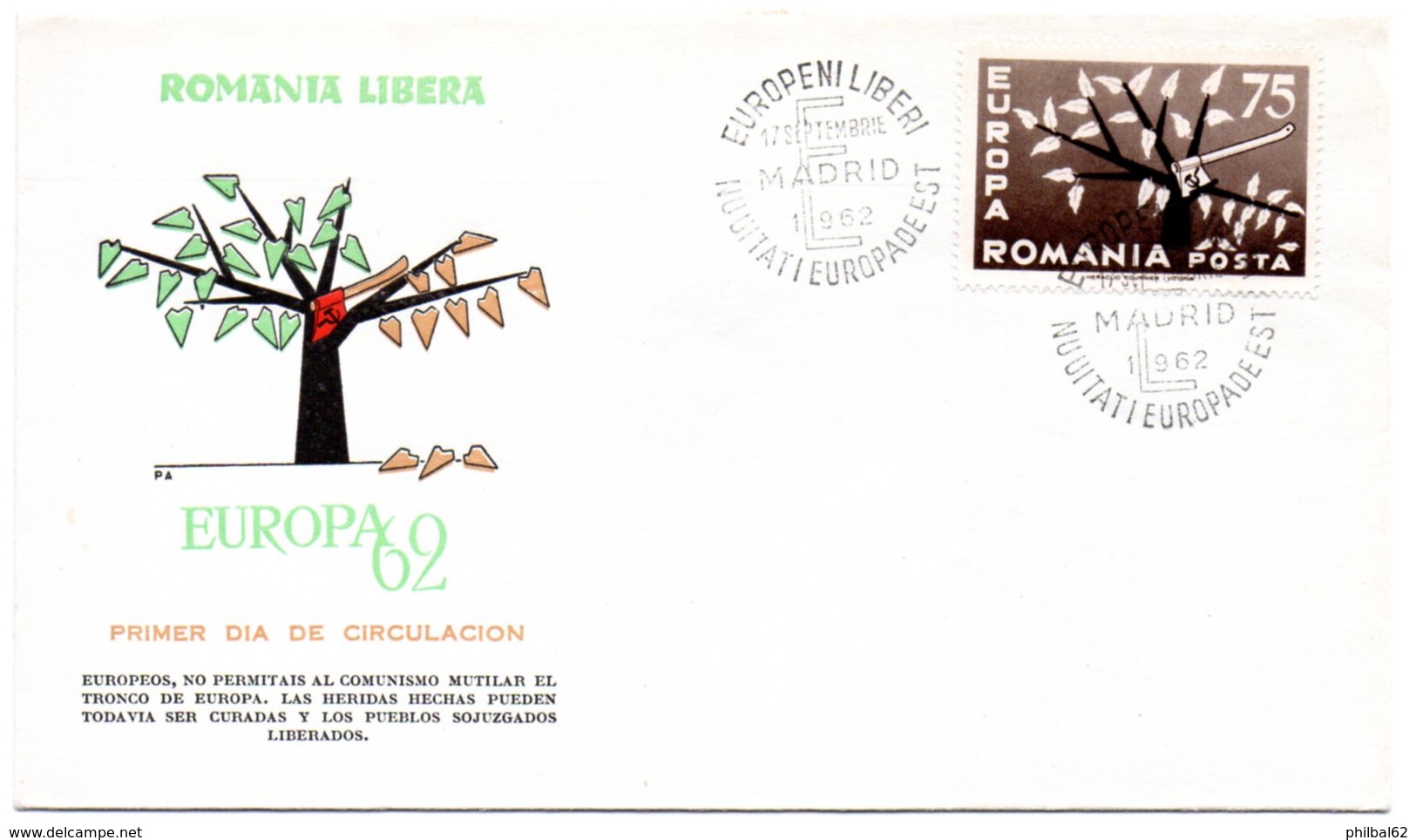 FDC. Romania, Liberté Pour L'europe De L'Est. Europa C.E.P.T. Cachet Madrid 17 Septembre 1960. - Europese Instellingen