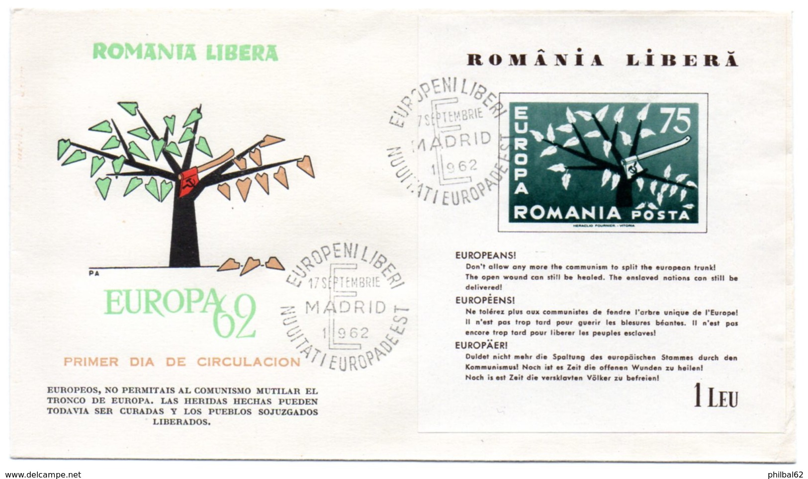 FDC. Romania, Liberté Pour L'europe De L'Est. Europa C.E.P.T. Cachet Madrid 17 Septembre 1960. - European Community