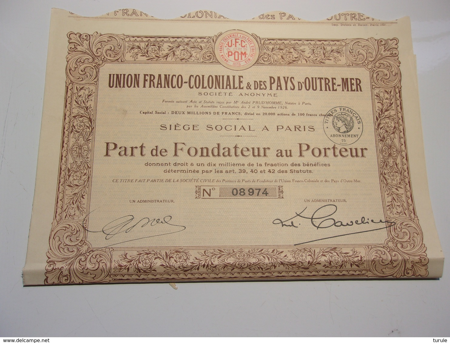 UNION FRANCO COLONIALE & Des PAYS D'OUTRE MER (fondateur) 1926 - Autres & Non Classés