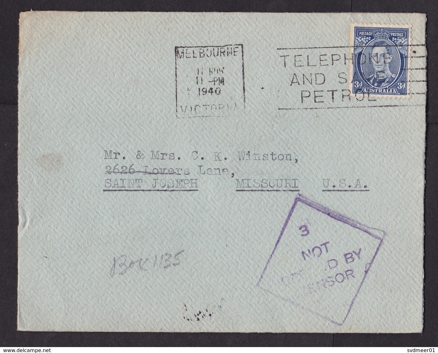 Australia: Cover To USA, 1940, 1 Stamp, Cancel Telephone And Save Petrol, Not Opened By Censor, WW2 (roughly Opened) - Briefe U. Dokumente