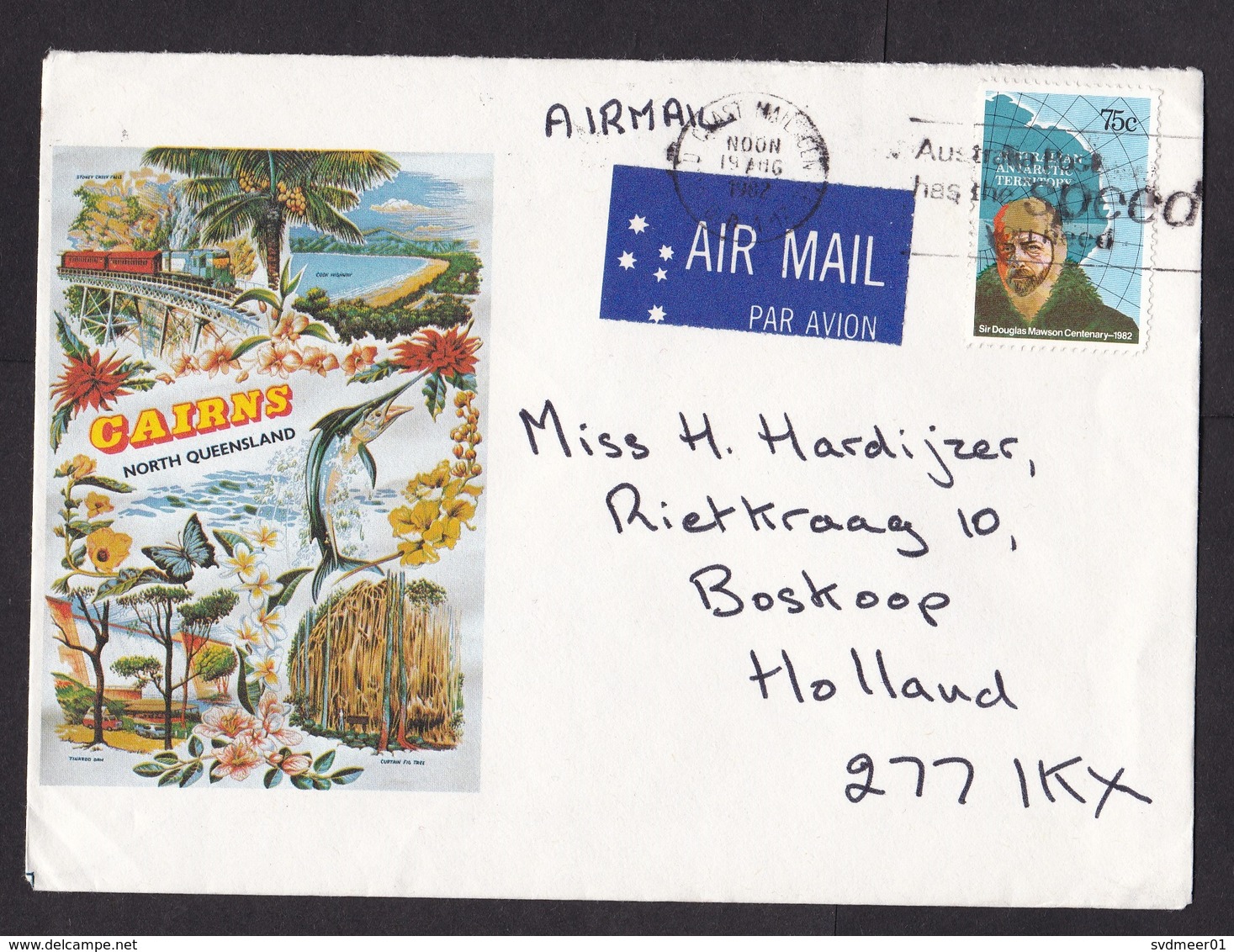 Australia: Illustrated Airmail Cover To Netherlands, 1970s, 1 Antarctic Territory Stamp, Cairns, Label (traces Of Use) - Brieven En Documenten