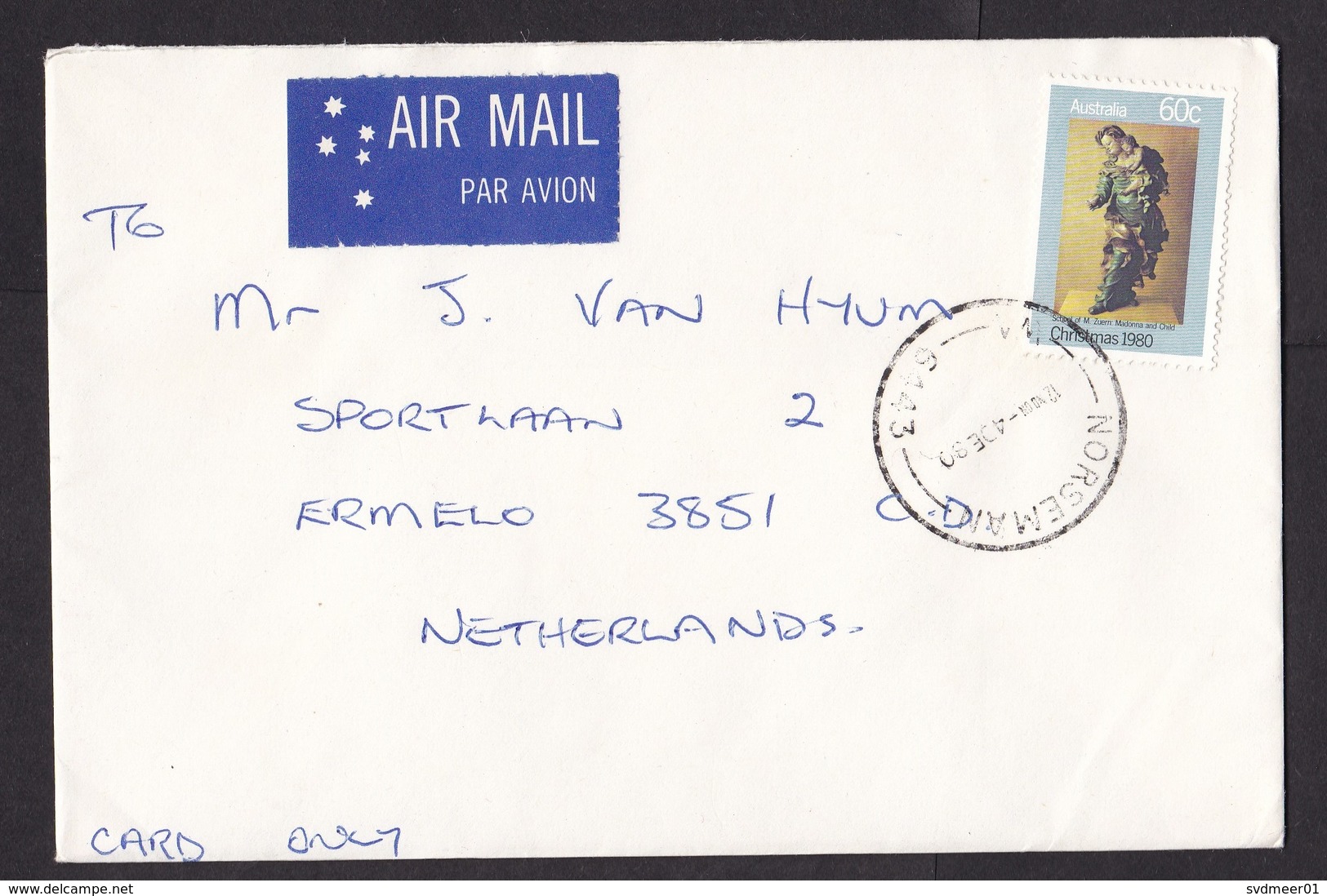 Australia: Airmail Cover To Netherlands, 1980, 1 Stamp, Christmas, Cancel Norseman, Air Label (traces Of Use) - Covers & Documents