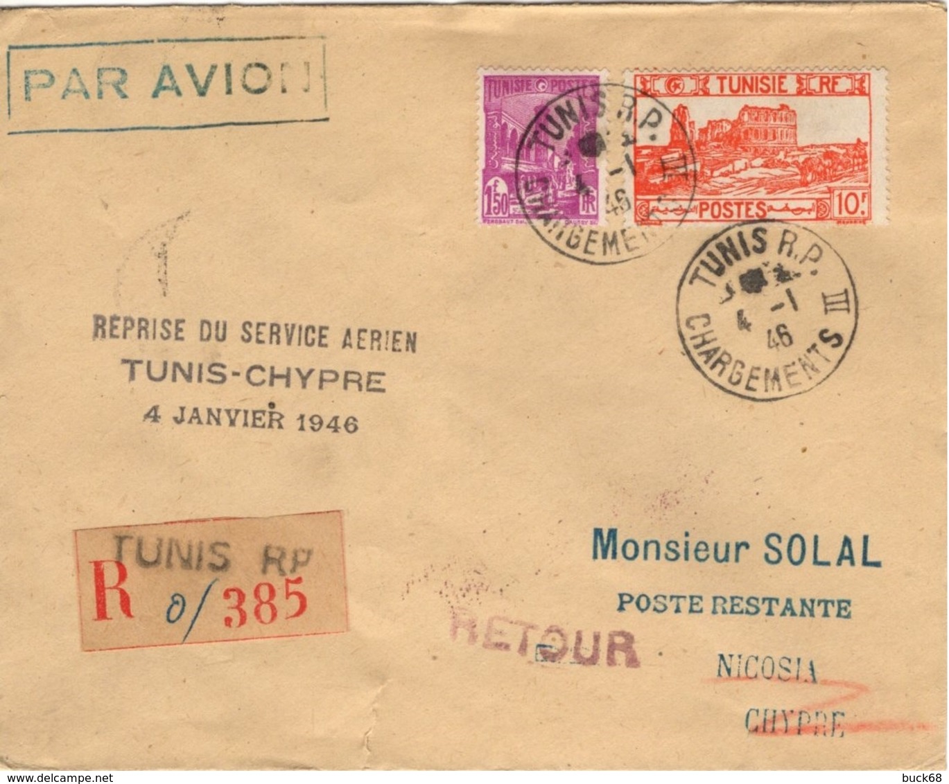 TUNISIE 280 291 Lettre Par Avion Reprise Du Service Aérien Cachets Tunis - Nicosie (Chypre) Beyrouth (Liban) 4 Janv 1946 - Lettres & Documents