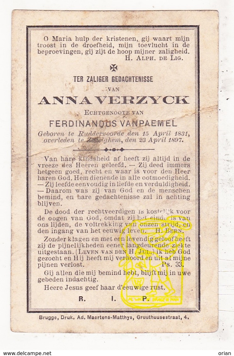 DP Anna Verzyck ° Ruddervoorde Oostkamp 1831 † Zedelgem 1897 X Ferd. VanPaemel / Versick Versyck Versijck Verzick - Images Religieuses