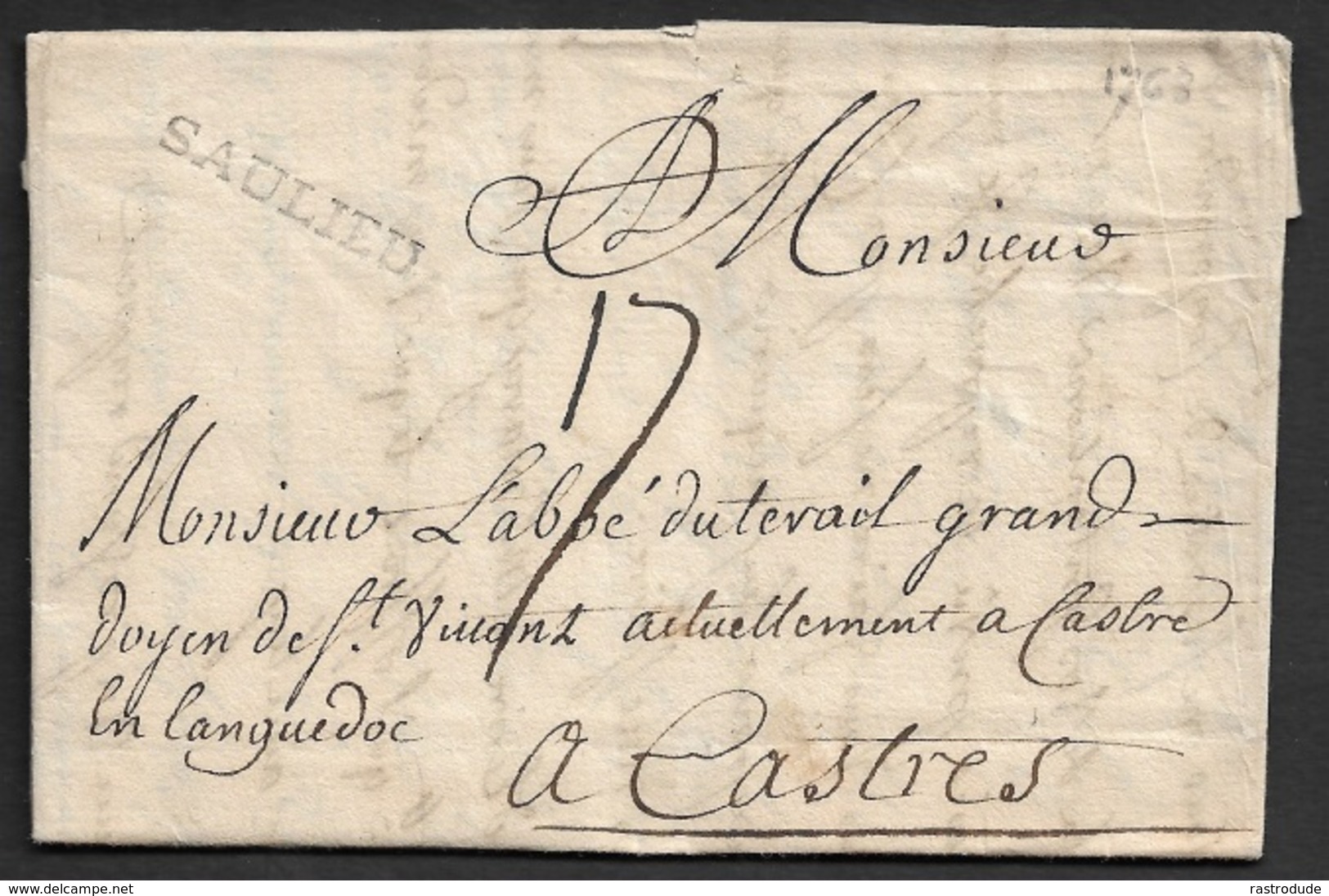 1768 - LAC - SAULIEU 27mm X 4mm - A Monsieur L'Abbé Duterail A Castres - 1701-1800: Précurseurs XVIII