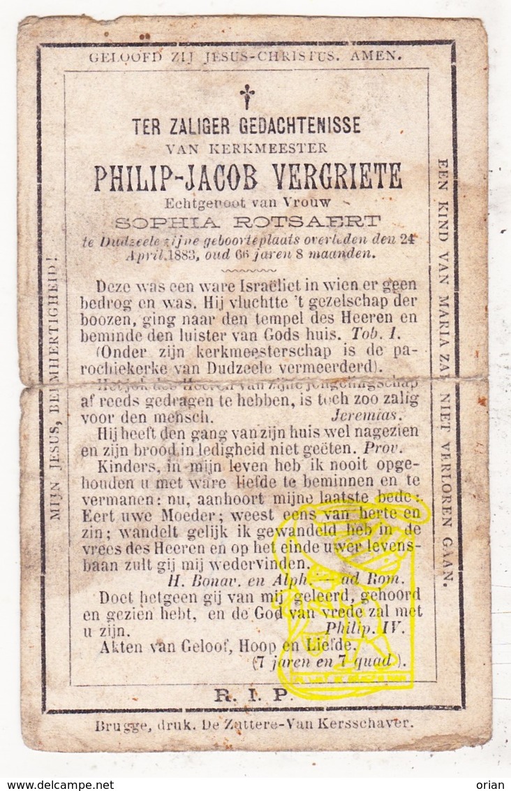 DP Philip Jacob Vergriete ° Dudzele Brugge 1816 † 1883 X Sophia Rotsaert - Devotion Images