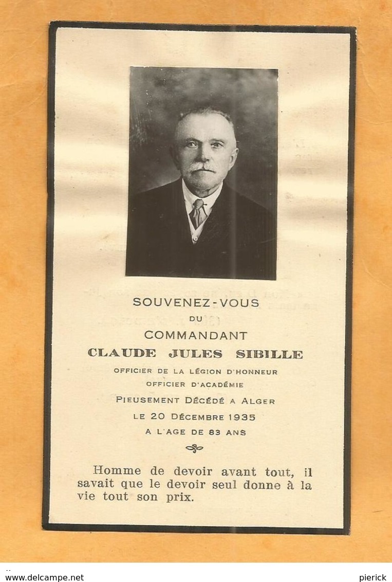 IMAGE PIEUSE GENEALOGIE FAIRE PART AVIS DECES CARTE MORTUAIRE SIBILLE JULES  COMMANDANT LEGION HONNEUR ALGER 1852 1935 - Décès