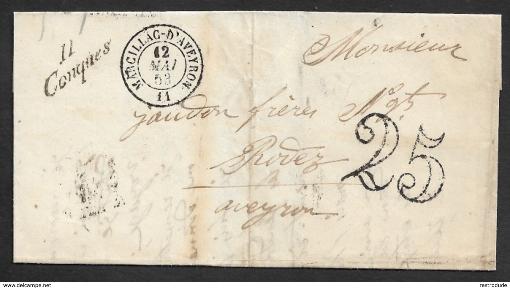 1853 - LAC - Cursive 11 CONQUES ( AVEYRON ) - Utilisation Tardive - 1849-1876: Classic Period