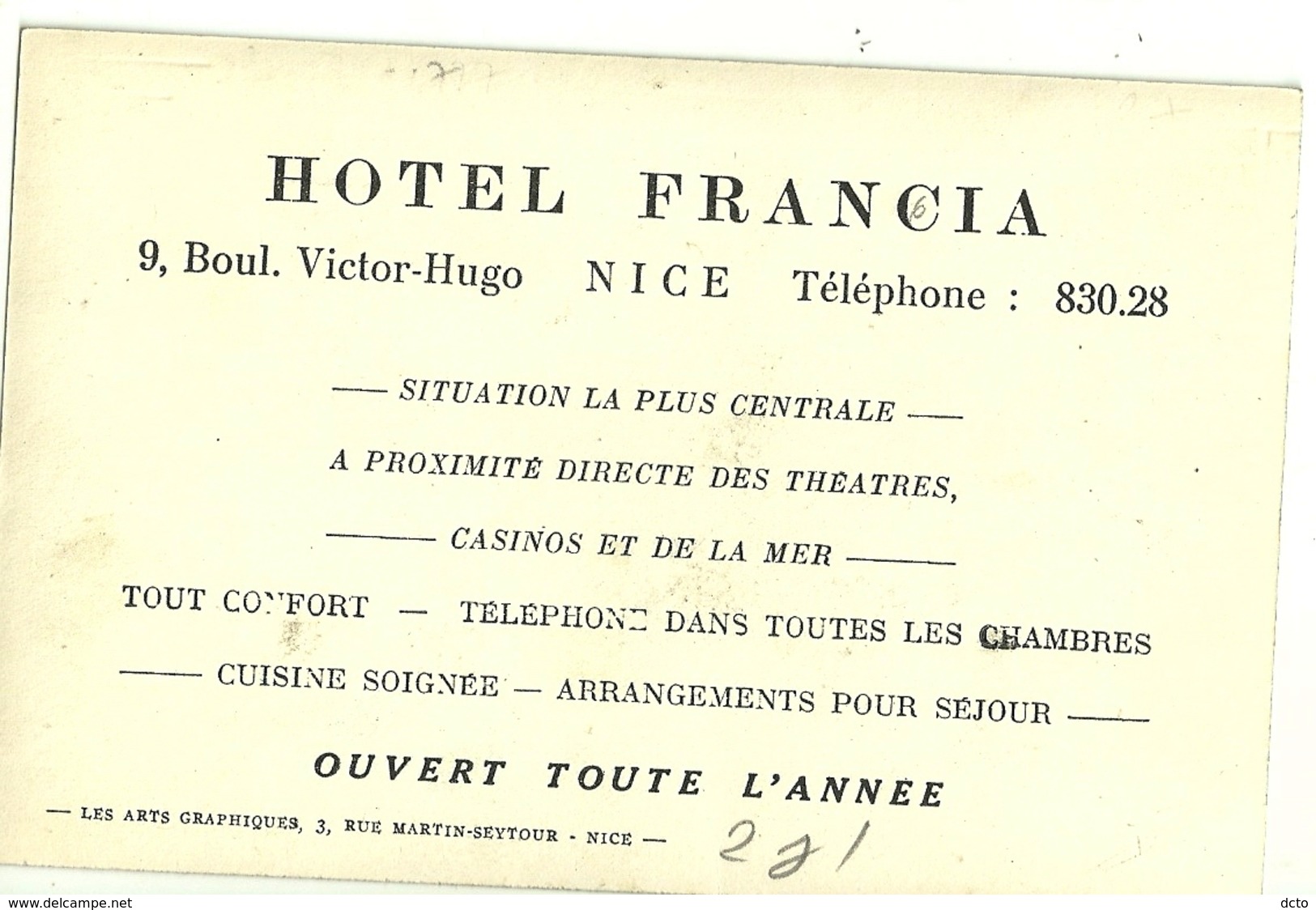 Nice  Hôtel FRANCIA 9, Bld Victor Hugo (verso Publicité) - Cafés, Hôtels, Restaurants