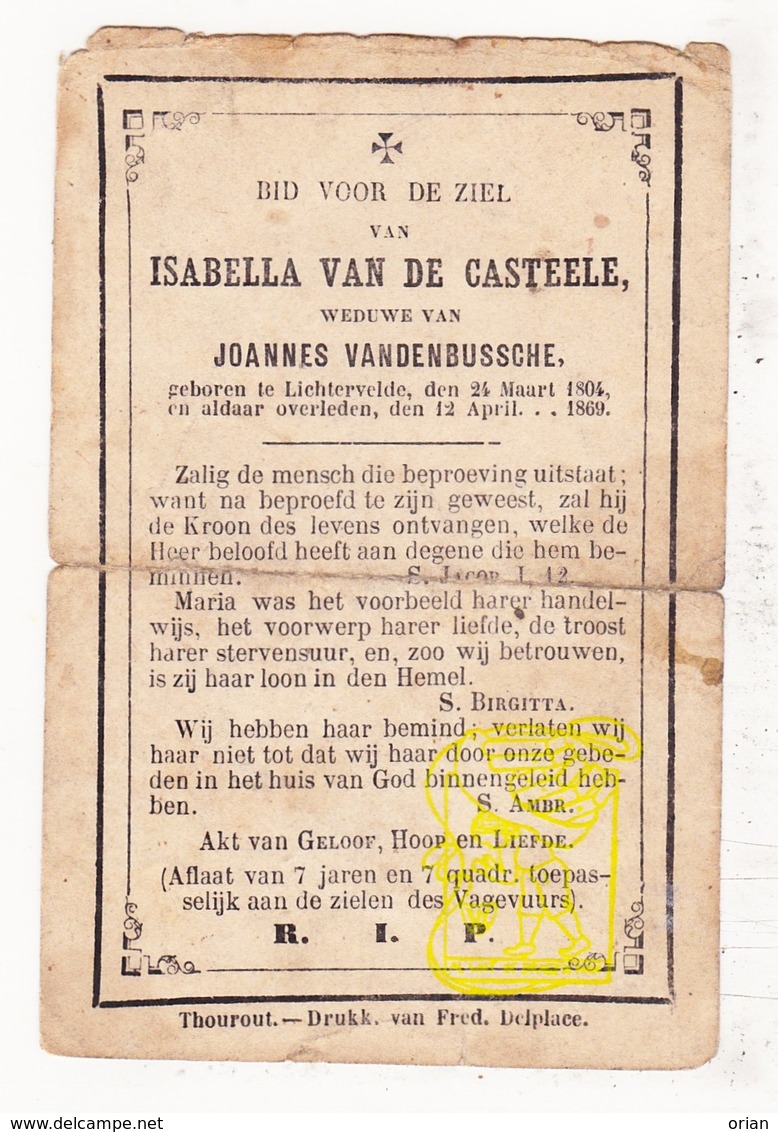 DP Isabella Van De Casteele ° Lichtervelde 1804 † 1869 X Joannes VandenBussche - Images Religieuses