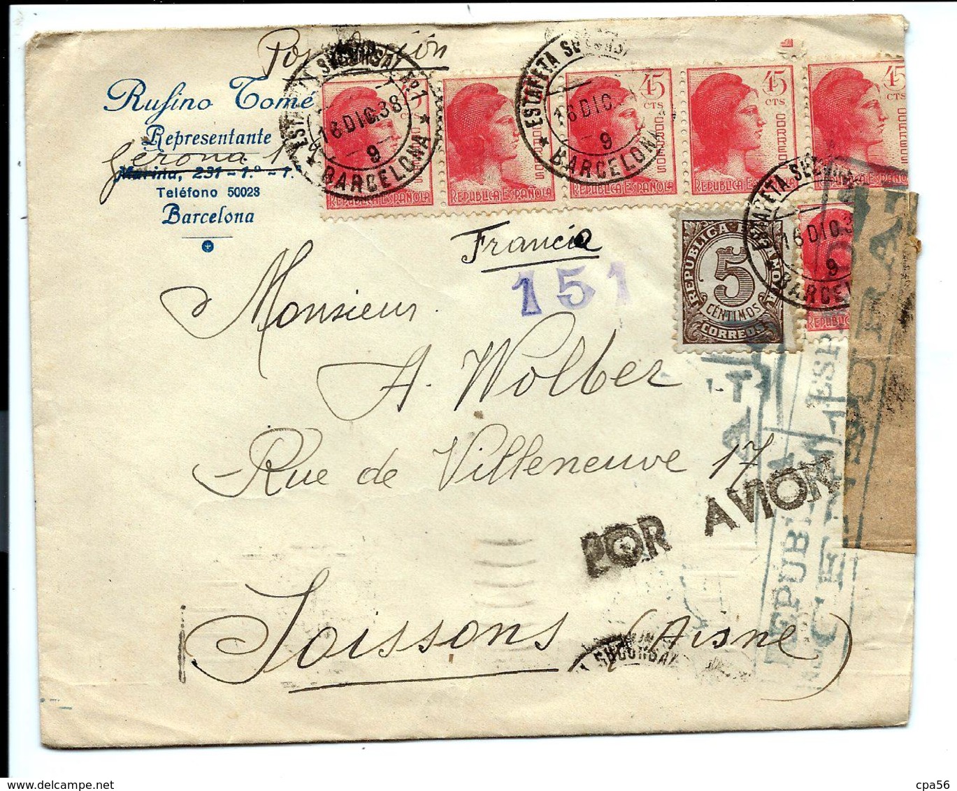 LETTRE Barcelona ESPANA 16/12/1938 Pour La Francia - CACHET CENSURA - Covers & Documents