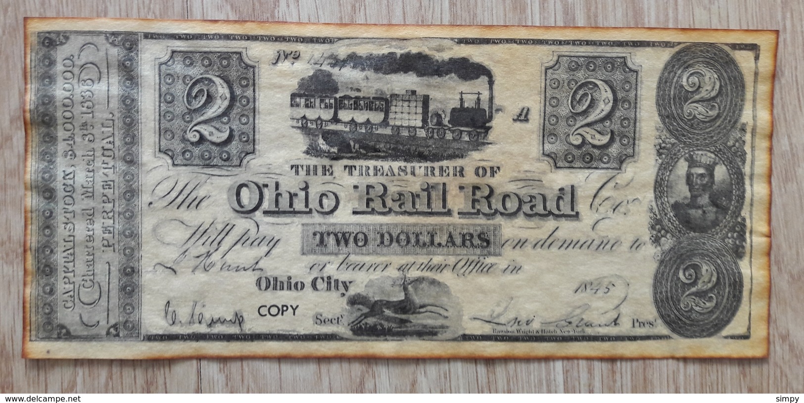 USA 2 Dollars 1845 Ohio Rail Road Copy Fantasy Money - Autres & Non Classés