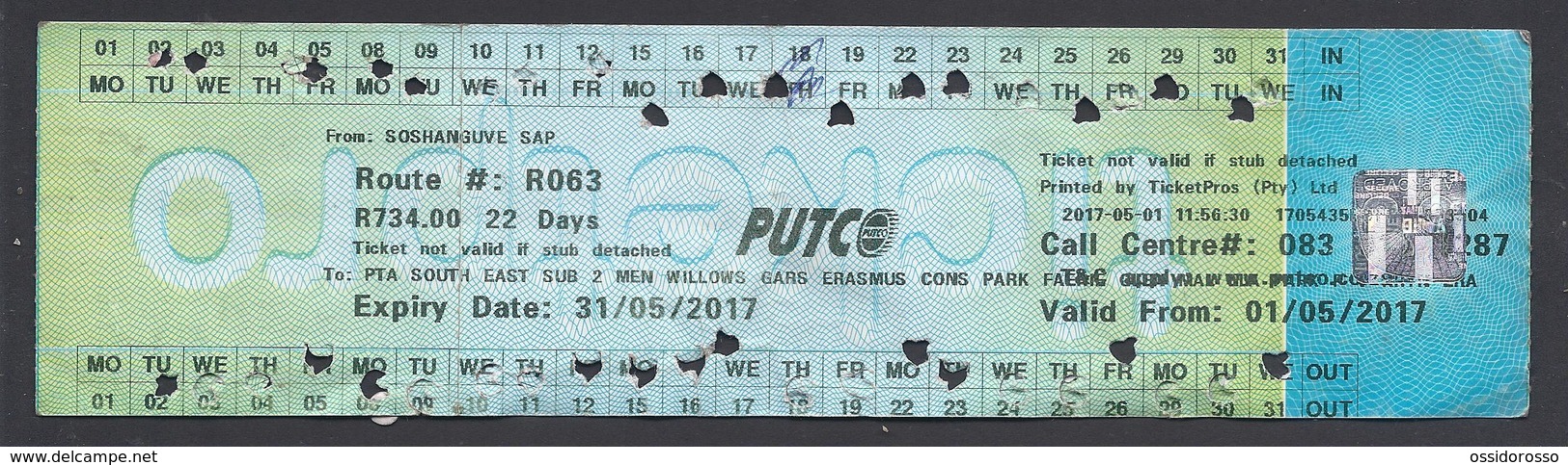2017 -Ticket Autobus - PUTCO - Pretoria - South Africa  - Used - Monde