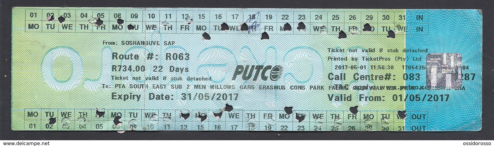 2017 -Ticket Autobus - PUTCO - Pretoria - South Africa  - Used - Mondo