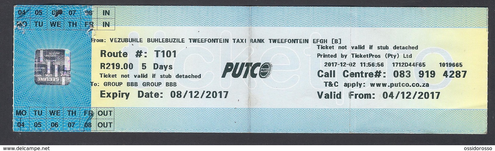 2017 -Ticket Autobus - PUTCO - Pretoria - South Africa  - Used - Mondo