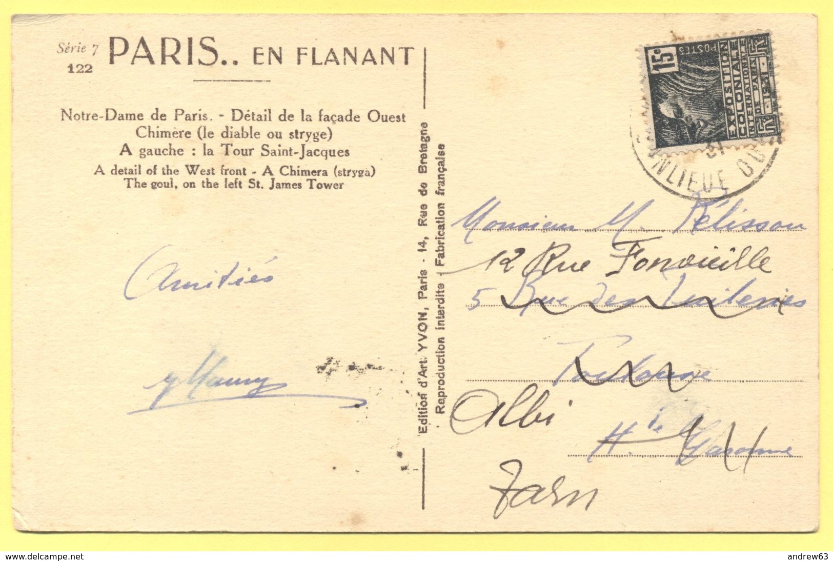 FRANCIA - France - 1931 - 15c Paris Exposition Coloniale Internationale - 75 Paris - Notre Dame - Détail De La Façade Ou - Notre Dame De Paris