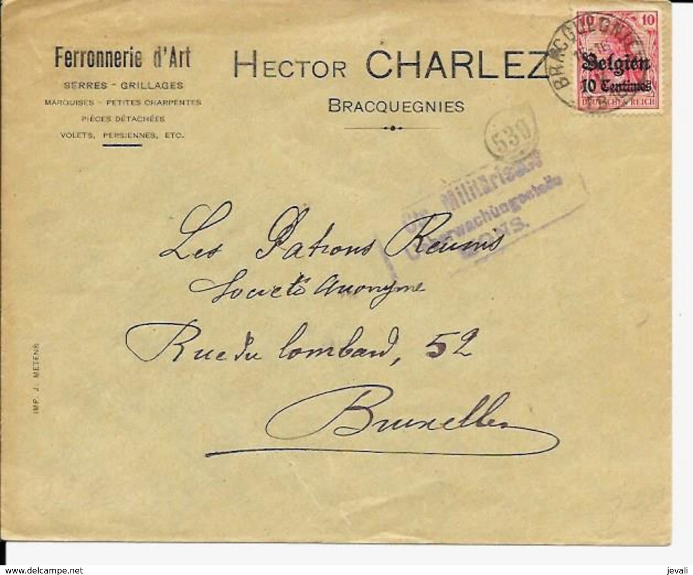 Lettre Deutsches Reich  - BRACQUEGNIES Hector Charlez   (  Ctr. Militarische  ) - OC1/25 Gouvernement Général