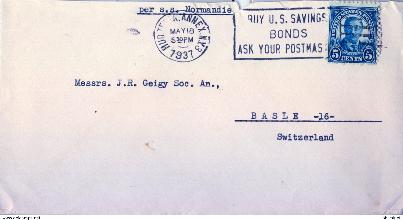1937 , ESTADOS UNIDOS , SOBRE CIRCULADO , NUEVA YORK - BASILEA , POR " S.S. NORMANDIE " - Cartas & Documentos